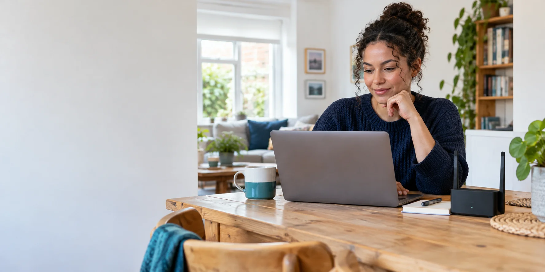 Person comparing home broadband options on a laptop beside a Wi-Fi router